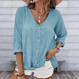 Women's Blouses Women Solid Loose Tops Casual Blouse Button Down Shirts V-Neck Summer Pullover Plus Size Top Supersoft