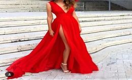 New Red Evening Dress Deep VNeck Sweep Train Side Split Long Prom Party Dress Formal Event Gown Plus Size Custom Made7306456
