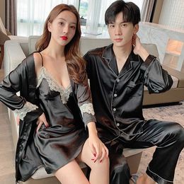 Autumn Men Couple Pajamas Set V Neck Plus Size Home Service Suit Casual Male Couples Sleepwear Nightwear Spring Ice Silk Night 2102795