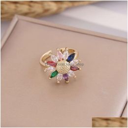 Rings New Coloured Zircon Sunflower Ring For Womens Fashion Personality Ins Gold Handpiece R40 Drop Delivery Jewellery Dhbs9