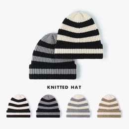 Winter Stripe Beanie Korea Style Vintage Causal Warm Soft Skulles black and white Fashionable Autumn Hats for Female 240227