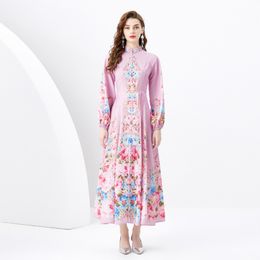 Spring Long Floral Pink Dresses For Women Vacation Style Stand Collar Buttons Cardigan Maxi Dress Designer Ladies Full Sleeve Printed Beach Casual Party Robes