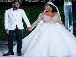 Gorgeous White Plus Size Wedding Dresses African Women Beaded Long Sleeves Crystal Sheer Jewel See Though Top Bridal Dress Custom 2528616