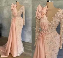 2022 Peach Pink Long Sleeve Evening Formal Dresses Sparkly Lace Beaded Illusion Mermaid Aso Ebi African Evening Gowns BC10885 C0401123026