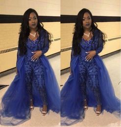 Royal Blue Jumpsuit Prom Dresses With Overskirts V Neck Long Sleeve Sequined Evening Gowns Plus Size African Pageant Pants Party W5753069