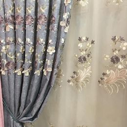 European Blue And Gray Blackout Curtains Chenille Flower Embossed For Living Room Bedroom Study Tulle Custom Curtain & Drapes2728