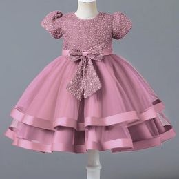 Girl Baby Dress Embroidery Sequin bow short sleeve puffy Princess Dress 0-5 years old baby girl birthday communion party dress 240403