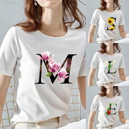 Women's T-Shirt O Neck White Top Women 2022 Summer Casual T Shirt Basic Flower Colour Letter Name Pattern Print Short Sle Tops Ladies Clothes L24312