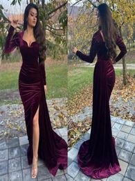 Burgundy Arabic Mermaid Evening Dresses Long Sleeves High Side Split Morocco Kaftan Soft Velvet Prom Dress For Women Party Gowns7041654