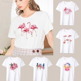 Women's T-Shirt 2022 Fashion Hot Sale Women T-Shirt White Casual Top Flamingo Print Pattern Round Neck Slim Comter Short Sle Ladies T-Shirt L24312