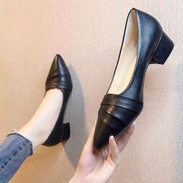 Dress Shoes 34-40 Womens 5cm Square High Heels Pumps Female Spring Autumn Synthetic Leather Slip-on Pointed Toe Casual Ladies Hw28