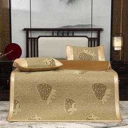 Other Bedding Supplies 2022 New Summer Sleeping Mat Kit Cool Rattan Viscose Fibre Mattress Cover Jacquard Fish Fruit Fitted Sheet Coffee Bed Pad 2/3pcs