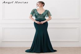 Long Green Mermaid Evening Dress Crystal Arab Dubai Backless Caftan Marocaine Crystals Prom Party Gowns8891205