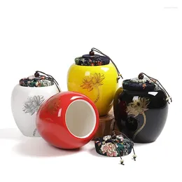 Storage Bottles Lotus Leaf Ceramic Jar Cloth Cover Sealed Candy Coffee Tea Tank Porcelain Moisture-proof Kitchen Grain