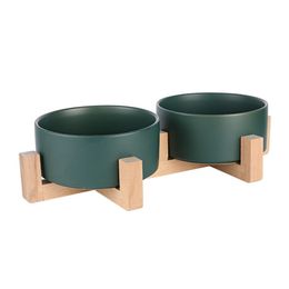 Ceramic Elevated Raised Cat Bowl with Wood Stand No Spill Pet Food Water Feeder Cats Small Dogs Supplies 400ml850ml Y200917190Q