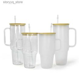 Mugs 32oz Sublimation glass tumbler with handle bamboo lid blank frosted clear glass mugs big capacity beer mug wine cola beverage cup L240312