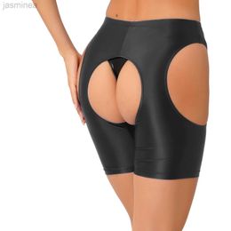 Women's Shorts Glossy Hollow Out Shorts Hot Pants Elastic Waistband Sexy Crotchless Short Pants Sexy Party Carnival Clubwear ldd240312