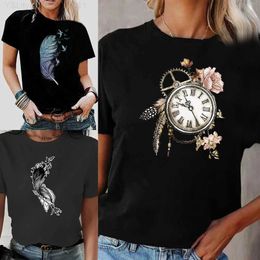 Women's T-Shirt Harajuku Short Sle T-Shirt Clothing Top O-Neck Feather Print 2022 Women Summer Loose Casual Streetwear Clothes Sports Shirt L24312