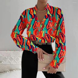 Women's Blouses Geometric Floral Print Shirt Chic For Women Stylish Office Lady Tops With Stand Collar Autumn