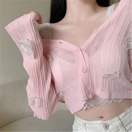 Women's Knits Butterfly Knit Cardigans Women Korean Sexy V-Neck Fitness Crop Tops Ladies Summer Thin Long Sleeved Sunscreen Jackets PZ3993
