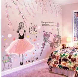 SHIJUEHEZI Cartoon Girl Wall Stickers PVC Material DIY Peach Flowers Bicycle Wall Decal for Kids Rooms Baby Bedroom Decoration219J