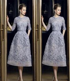 Elie Saab Evening Dresses Elegant Lace Applique ALine Prom Gowns 34 Long Sleeve Tea Length Sexy Formal Party Celebrity Dress Cus8094730