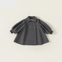 Coat Spring/Autumn Children's Korean Edition Girl Khaki/Dark Grey Lantern Sleeves Double Breasted Trench Jackets Clothing