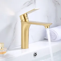 Bathroom Sink Faucets Light Luxury Matte Wire Drawing Gold Face Basin Faucet Cold And Platform Deck Mounted Single Handle