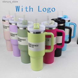 Mugs 40oz Tumbler With Handle Lid and Straw Insulated Stainless Steel Termos Dupe Travel Mug Iced Coffee Cup for Hot and Cold Water 40 oz Water Bottles G2963 L240312