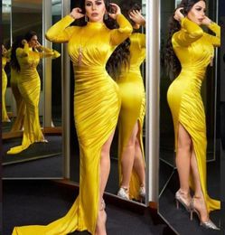 2019 Newest Long Sleeves Evening Dresses Bright Yellow High Collar Party Formal Gowns Side Split Ruched Mermaid Prom Dresses8491634