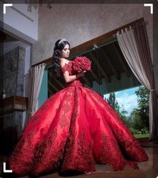 Cheap Ball Gown Red Quinceanera Dresses For Girls Satin Off Shoulder Appliques Long Sweet 16 Prom Dress Formal Gowns2809845