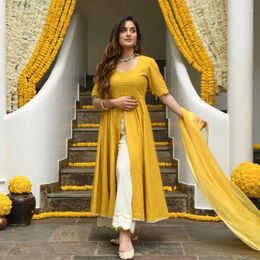 Ethnic Clothing Wedding Wear Yellow Kurti Pant Dupatta Handmade Women Salwar Kameez Set