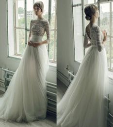 Ersa Atelier Wedding Dresses A Line Jewel Neck Lace Beads Pearls Sweep Train Long Sleeve Bridal Gowns Custom Plus Size Beach Weddi2493037