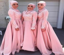 2020 Pink A Line Bridesmaid Dresses Saudi Arabia Floor Length Lace Muslim Maid of Honor Gowns for Wedding Evening Gown9009534