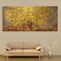 Hand-painted LNIFE Golden Tree Streetscape Oil Painting On Canvas AbstractScenery Pictures Wall Art Street Landscape Paintings T20277u