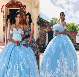 2022 Modest White Quinceanera Graduation Dress Sequined Lace and Light Blue Tulle Ball Gown Prom Dresses with Detachable Sleeves S4698039