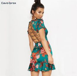 Women Green Criss Cross Back Frill Hem Shift Dress Streetwear Sheath Flora Print Short Sleeve Above Knee Mini Summer Party Dress M5217022