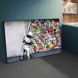 Street Banksy Graffiti Behind The Curtain Canvas Paintings Cuadros Wall Art Pictures for Home Decor No Frame251v