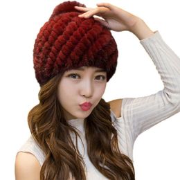 Real Mink Fur Hats Women Winter Warm Beanie Cap Fox Pom Pom Black Brown Wine Red280K