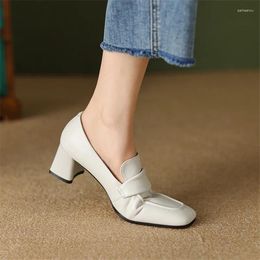 Dress Shoes Spring Autumn Split Leather Women Loafers Square Toe Chunky Heel For Comfort Pumps Slip-On High Heels