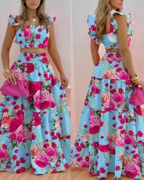 Summer Twopiece Set Women Fashion Floral Print Ruffled Shirred Crop Top Maxi Skirt Female Suits vestido 240309