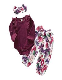 Girls Clothing Set Baby Outfits Kids Ruffle Long Sleeve Romper TopsFloral PantsBowknot Headband 3pcsset Children Designer Cloth7886509