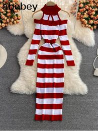 Casual Dresses Women Retro Stripe Knitted Dress Sexy Off Shoulder Long Sleeve Slim Autumn Winter Bodycon Korean Sweater