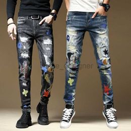 Men's Jeans Designer Embroidered printed jeans men spring new trend slim pant fashion printing Patch hole man pants