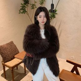New Car Winter 2023 Stripe Fox Fur Grass Women's Korean Edition Mid Length Youth Coat Casual Loose 3