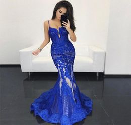 Elegant Royal Blue Mermaid Evening Dresses Spaghetti Straps Sweetheart Lace Appliques Ruffles Formal Party Prom Gowns Custom Made 4468374