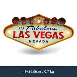 Las Vegas Welcome Neon Sign for Bar Vintage Home Decor Painting Illuminated Hanging Metal Signs Iron Pub Cafe Wall Decoration Y200260u