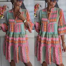 Casual Dresses Elegant Autumn Linen Loose Bohemian Dress Y2K INS Clothes Long Flare Sleeve V Neck Print Pleated Vacation