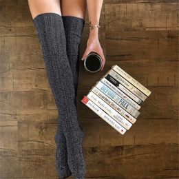 Women Socks Thick Warm Breathable Thigh-High Cotton Knit Solid Colour Long Stockings Japanese Korean Temperament Commuting High