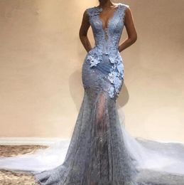 Sexy Dusty Blue V Neck Full Lace Mermaid Prom Dress Vintage Beaded Formal Evening Gown Long Plus Size Party Bridesmaid Dress4057204